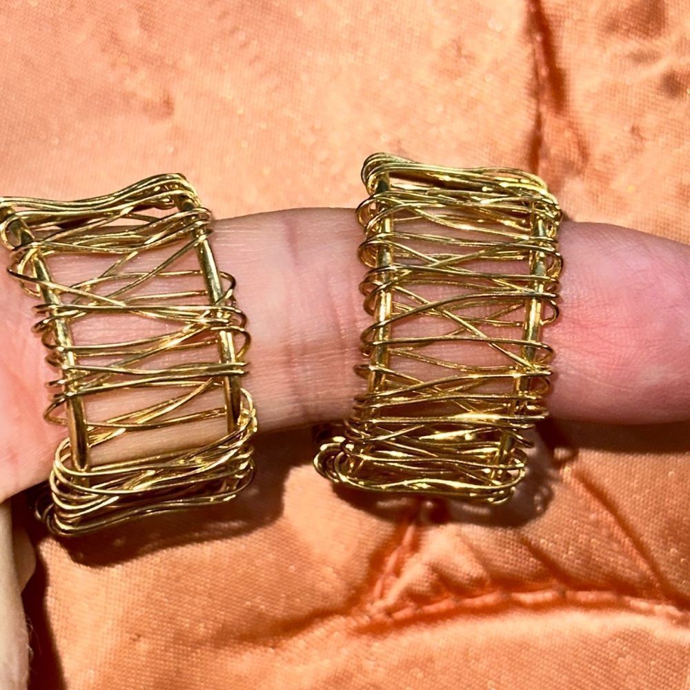 Wire wrapped gold tone post hoop earrings‎